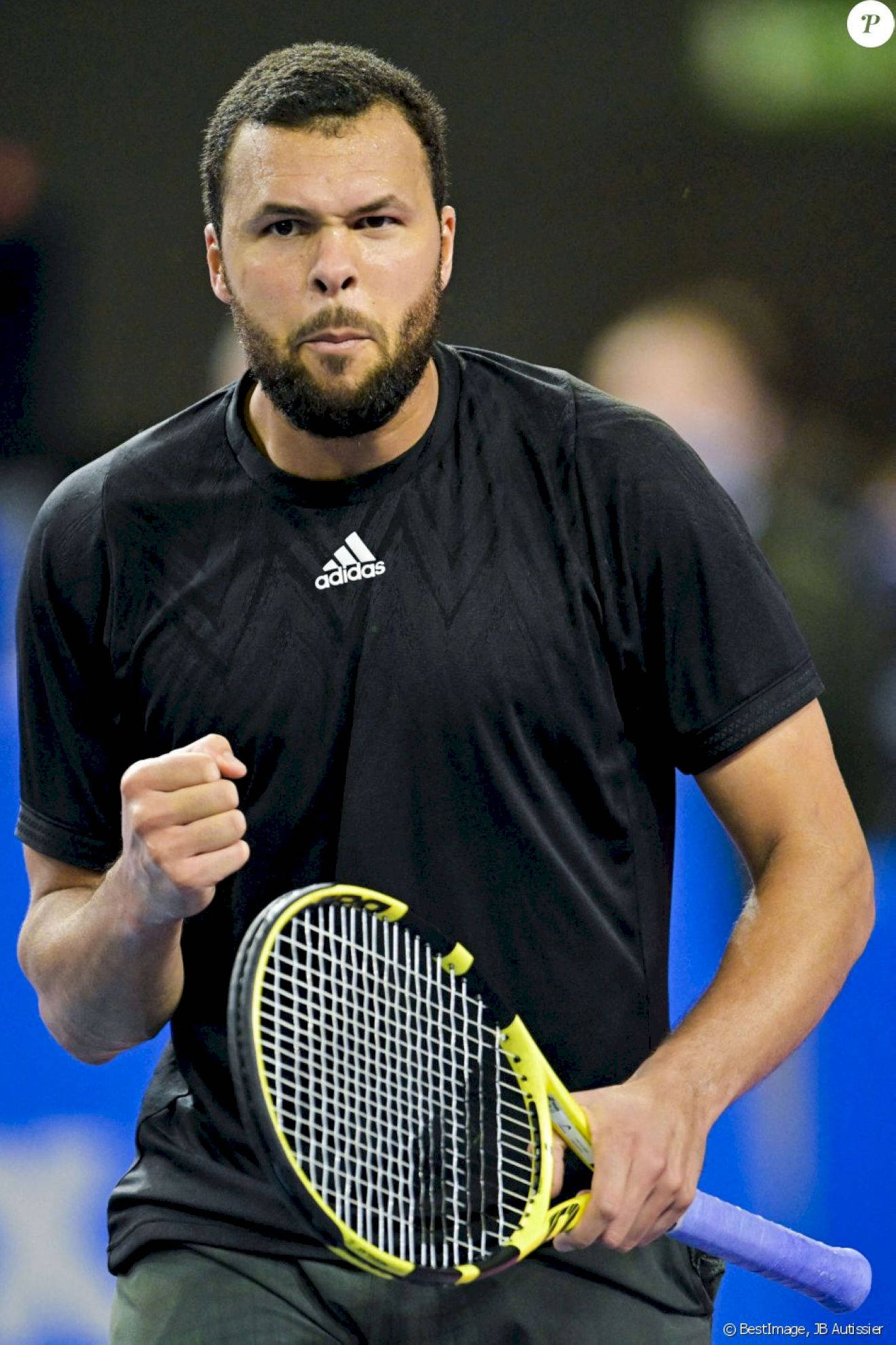 Jo-Wilfried Tsonga, black adidas shirt, yellow and purple racket, Full HD Phone Wallpaper