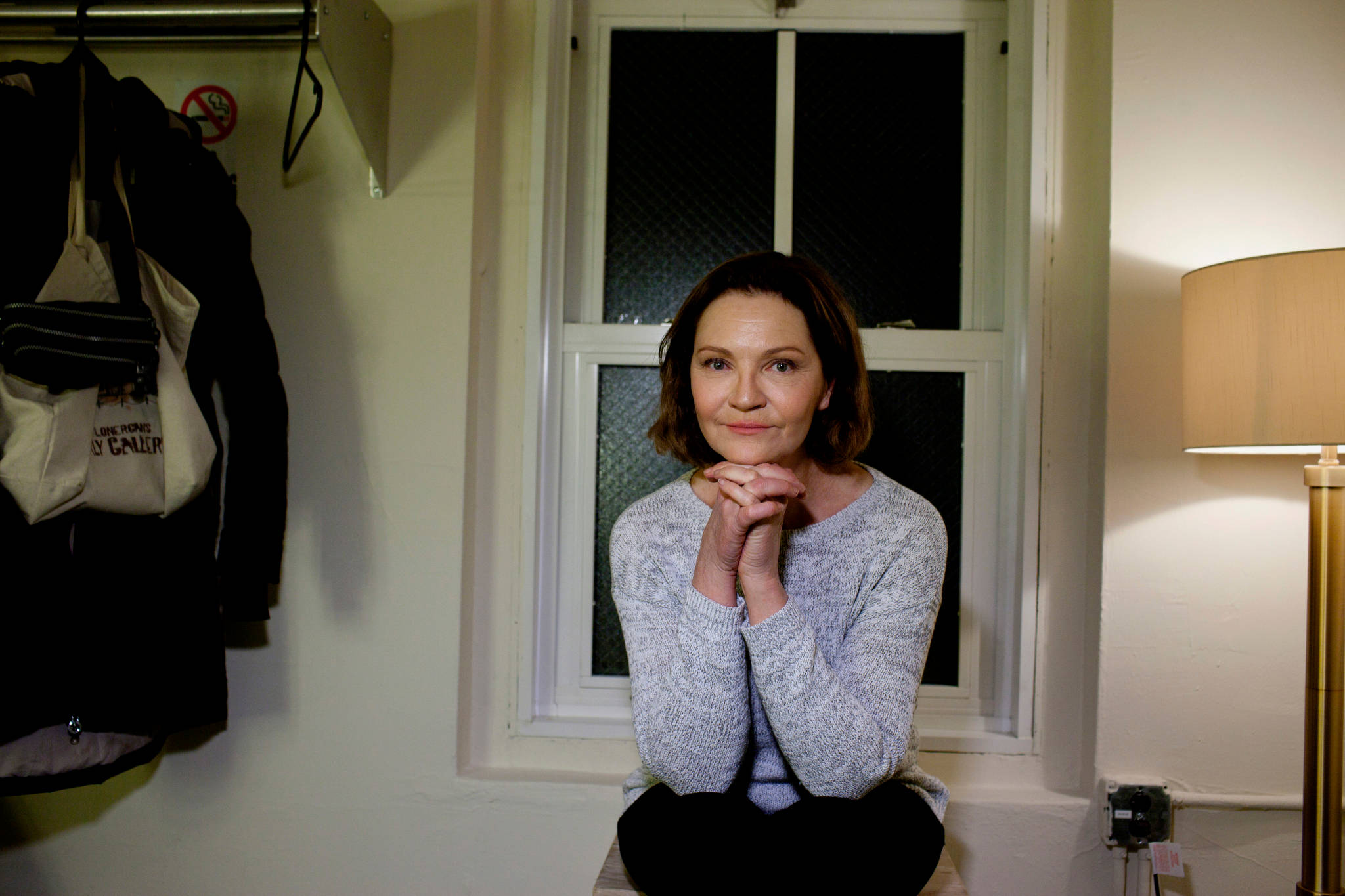 Joan Allen, grey sweater, windowsill, Full HD Desktop Wallpaper