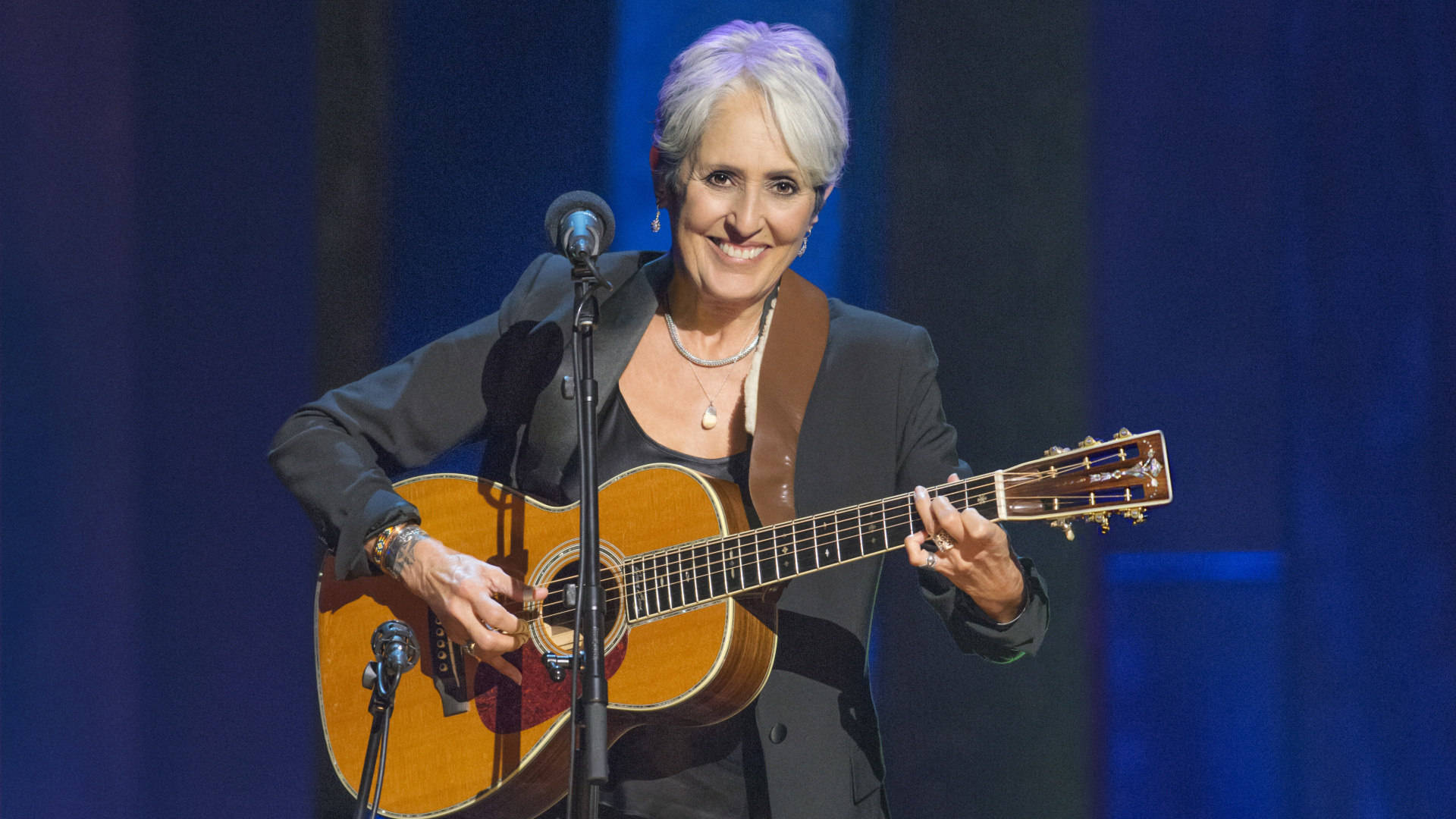 Joan Baez, acoustic guitar, blue-lit stage, Full HD Desktop Wallpaper
