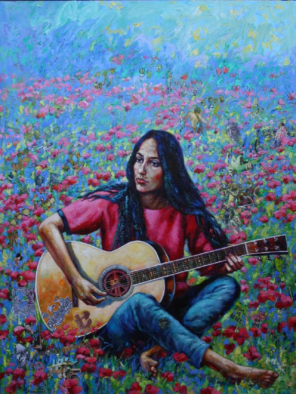 Joan Baez, acoustic guitar, pink flowers, HD Phone Wallpaper