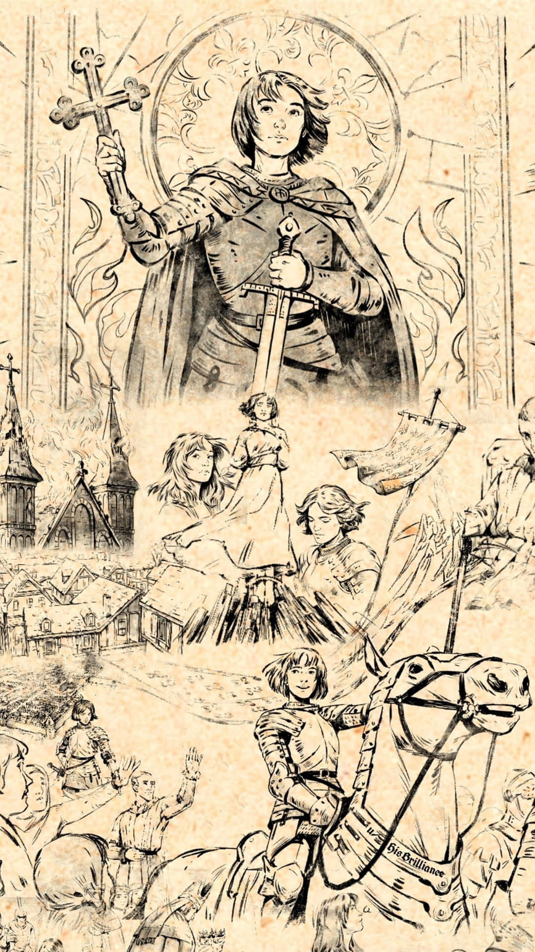 Joan Of Arc, sepia-toned, illustrated collage, Full HD Phone Wallpaper