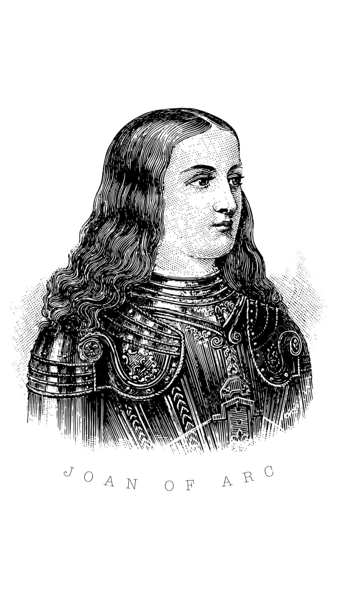 Joan of Arc, black and white engraved portrait, ornate armor, Full HD Phone Wallpaper