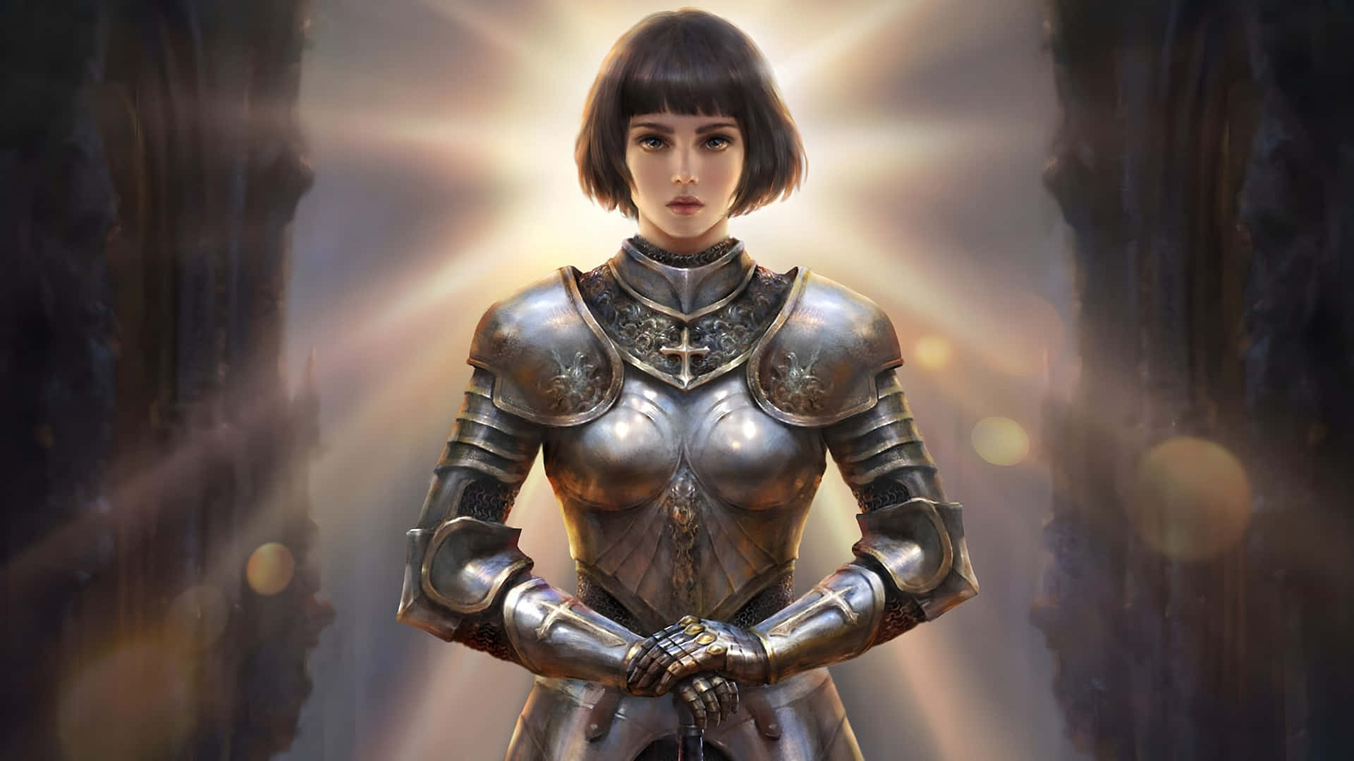 Joan Of Arc, silver armor, stone pillars, Full HD Desktop Wallpaper