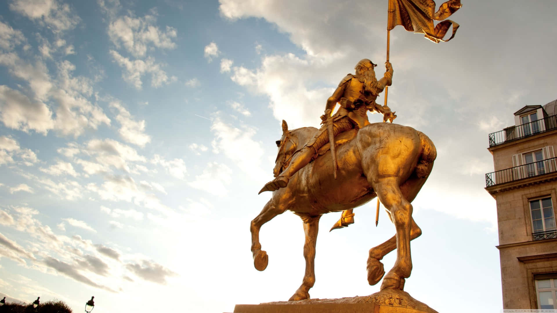 Joan of Arc, golden equestrian statue, flag, Full HD Desktop Wallpaper