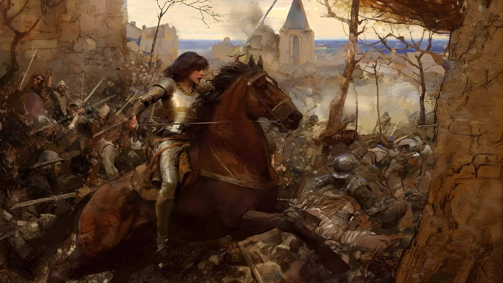 Joan Of Arc, brown horse, medieval battlefield, Full HD Desktop Wallpaper