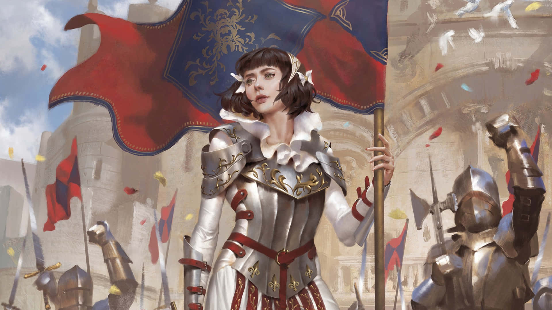 Joan Of Arc, silver armor, red and blue flag, Full HD Desktop Wallpaper