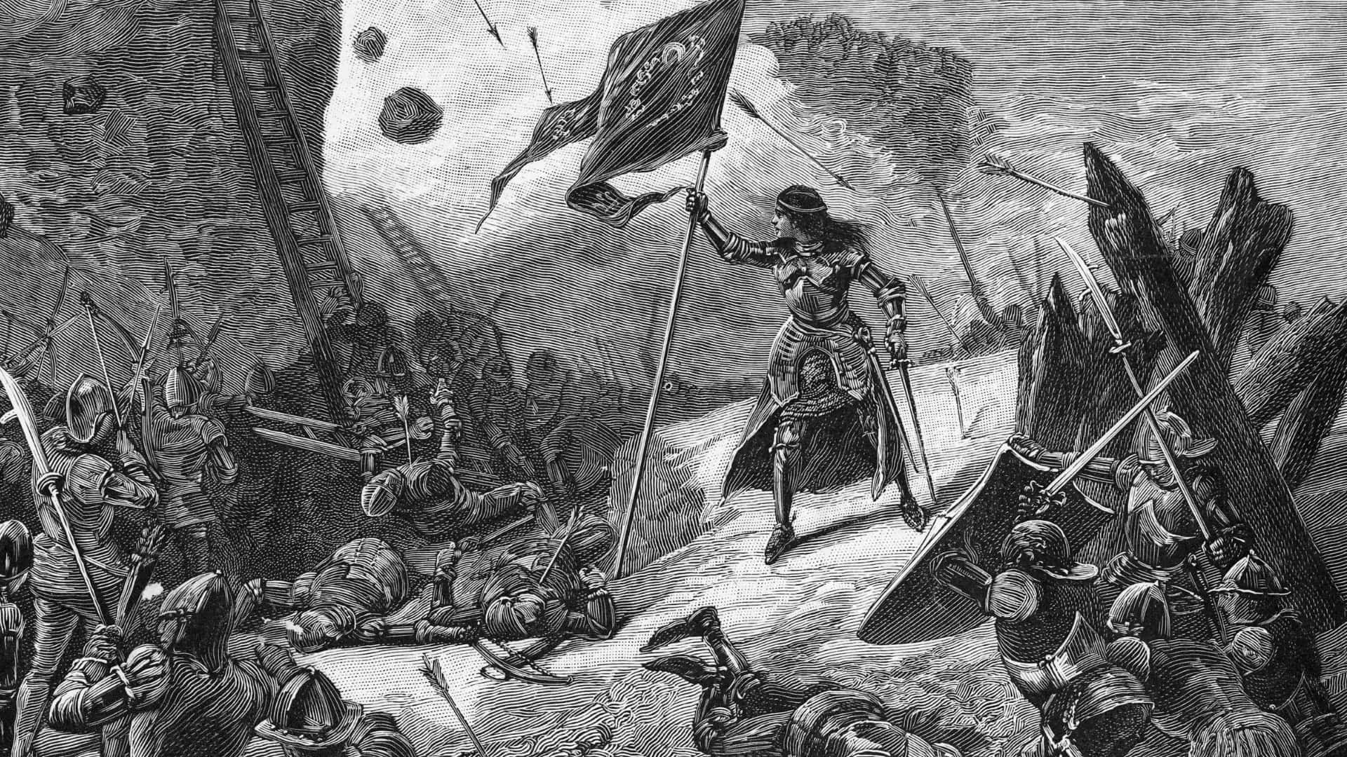 Joan Of Arc, black and white engraving, female warrior in armor, Full HD Desktop Wallpaper