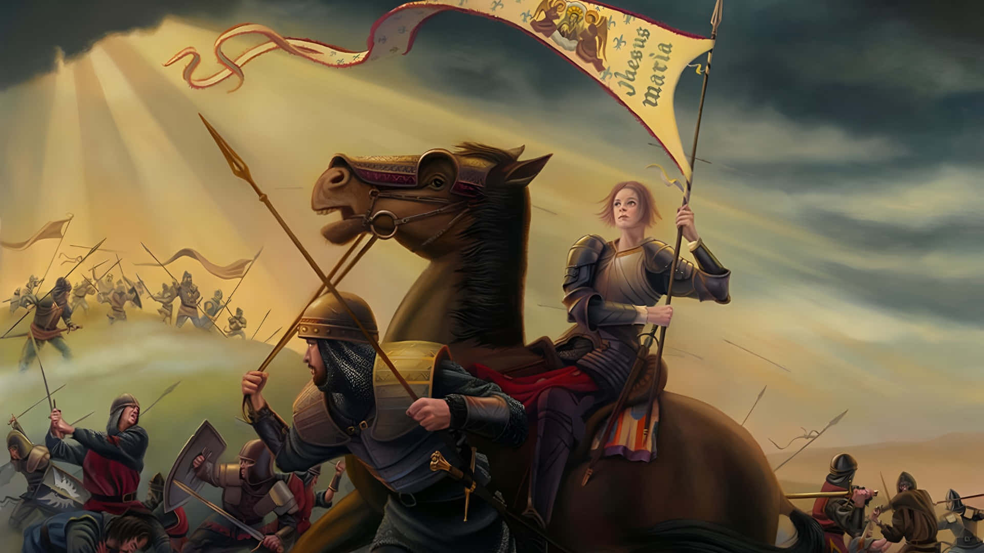 Joan Of Arc, brown horse, banner reading Jesus Maria, Full HD Desktop Wallpaper