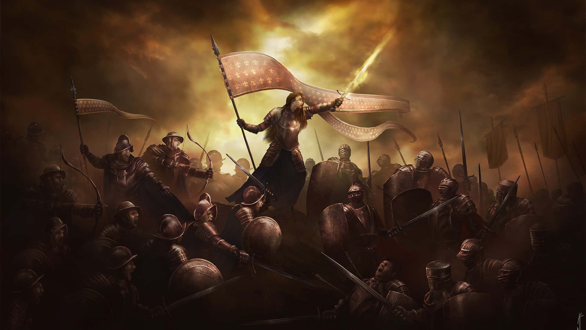 Joan Of Arc, glowing sword, banner, Full HD Desktop Wallpaper