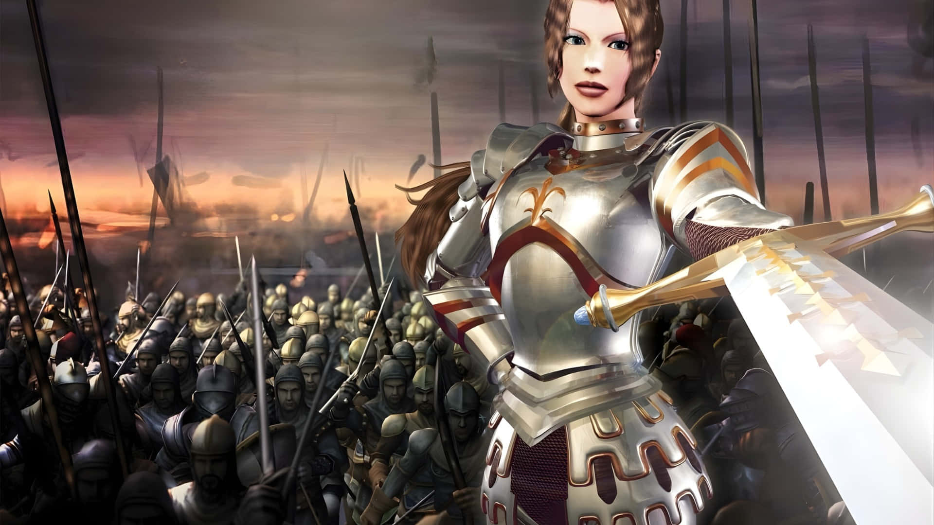 Joan Of Arc, silver armor, glowing sword, Full HD Desktop Wallpaper