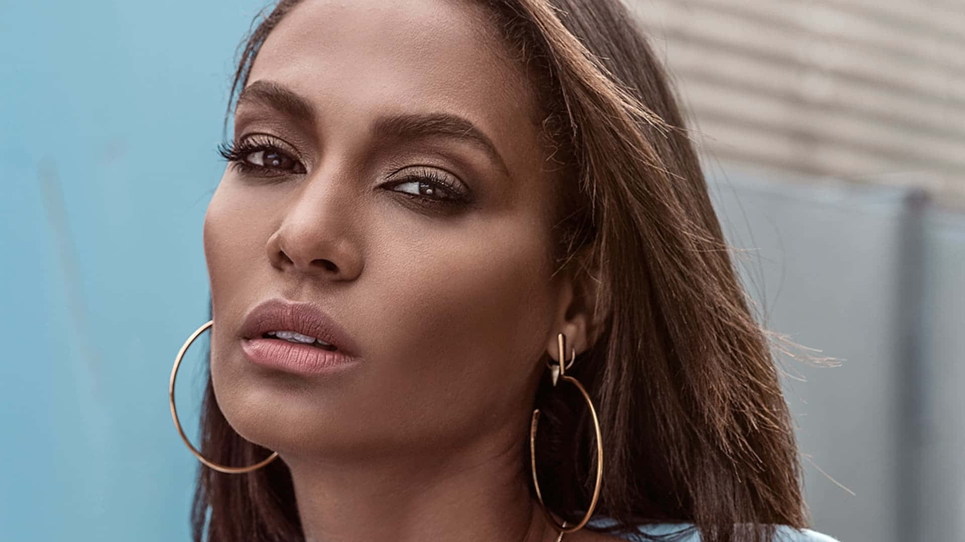 Joan Smalls, red, gold hoop earrings, Full HD Desktop Wallpaper