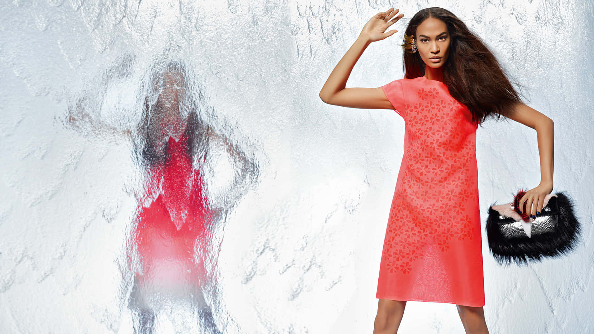 Joan Smalls, coral dress, frosted window, Full HD Desktop Wallpaper