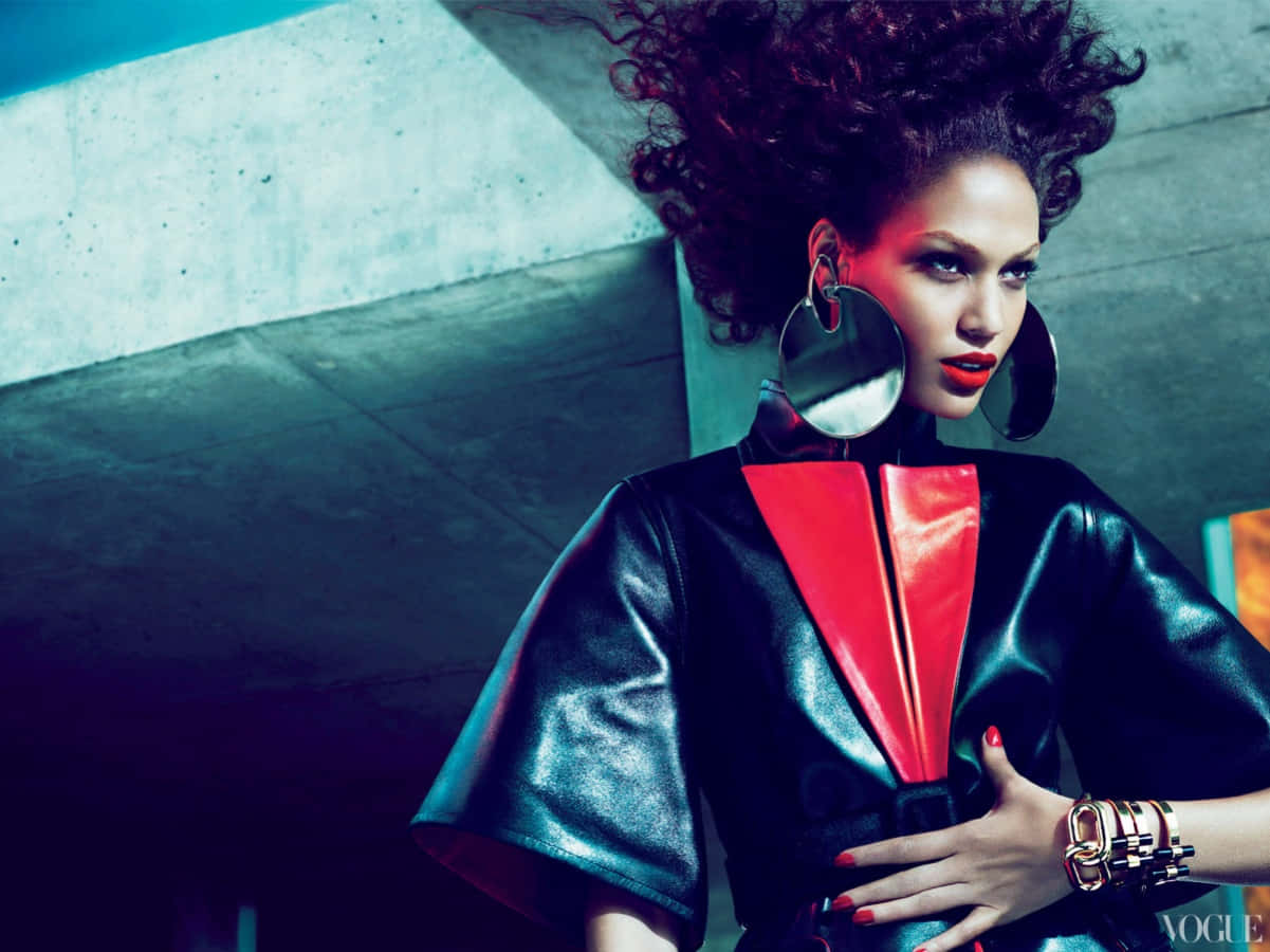 Joan Smalls, black leather outfit, red accents, SD Desktop Wallpaper