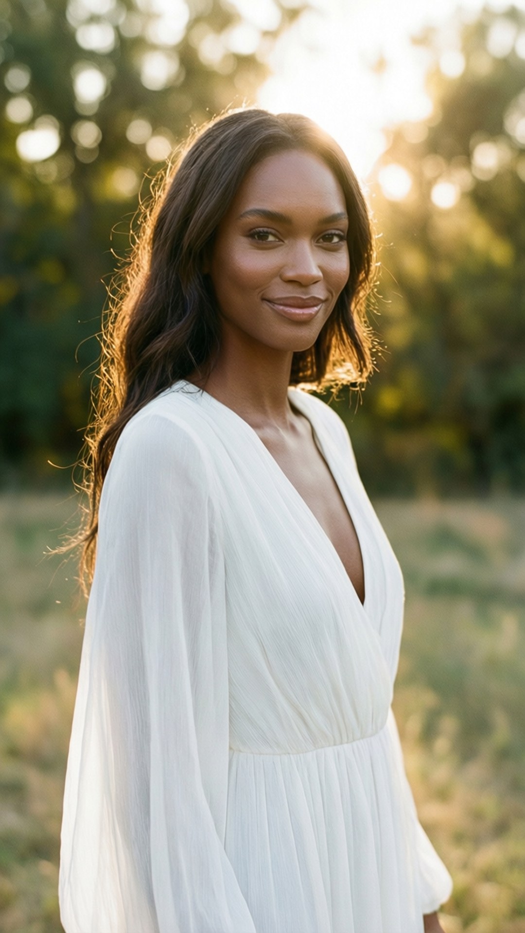 Joan Smalls, golden hour, white dress, Full HD Phone Wallpaper