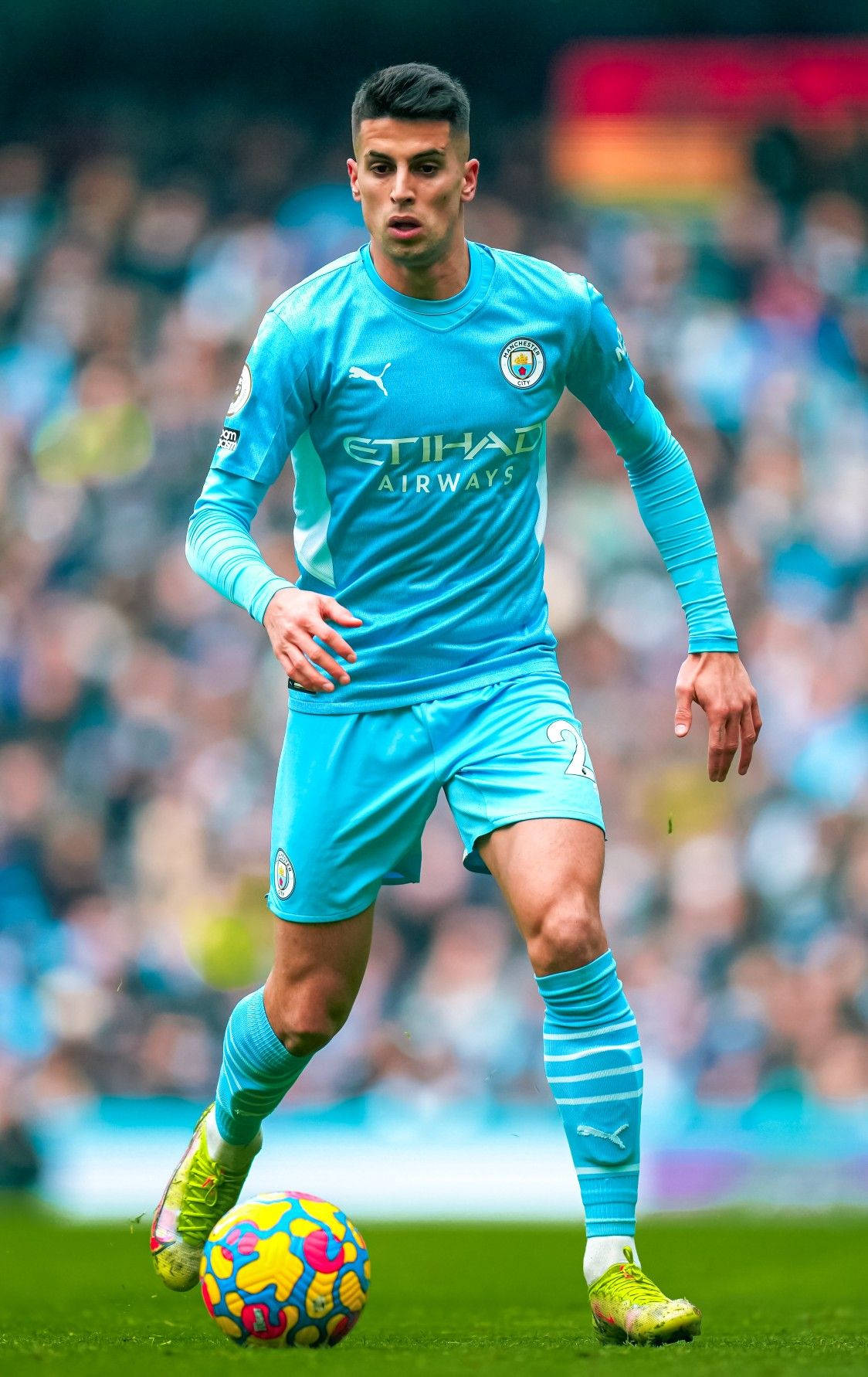 Joao Cancelo, light blue Manchester City kit, colorful ball, HD Phone Wallpaper
