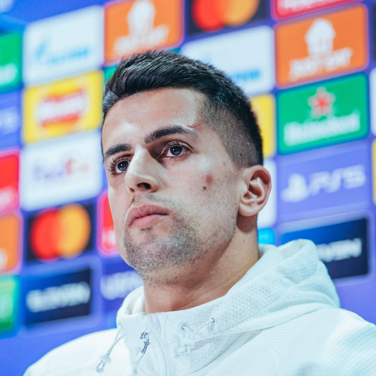 Joao Cancelo, white hoodie, vibrant backdrop, SD Desktop Wallpaper