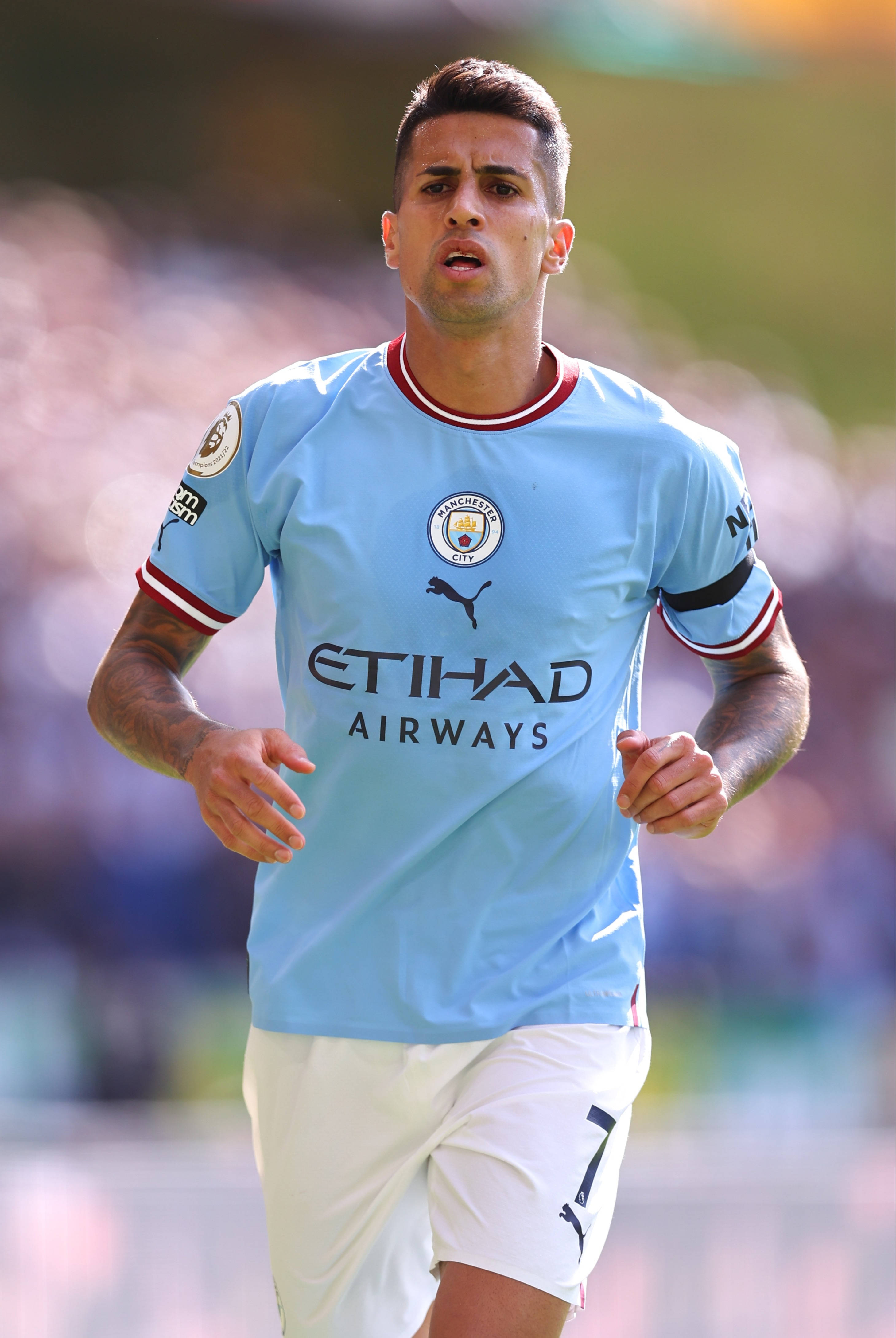 Joao Cancelo, white shorts, light blue Manchester City jersey, 4K Phone Wallpaper