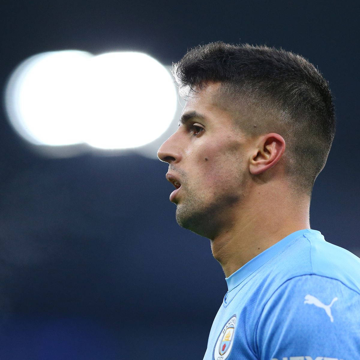 Joao Cancelo, light blue jersey, stadium lights, SD Desktop Wallpaper