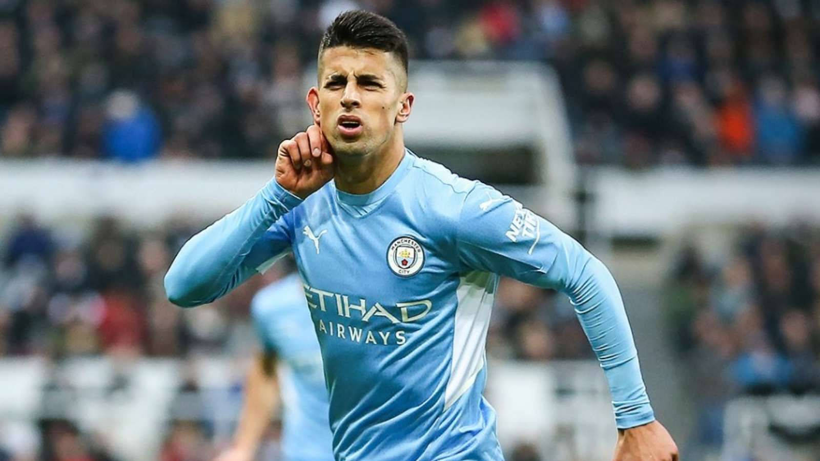 Joao Cancelo, light blue Manchester City jersey, stadium field, HD Desktop Wallpaper