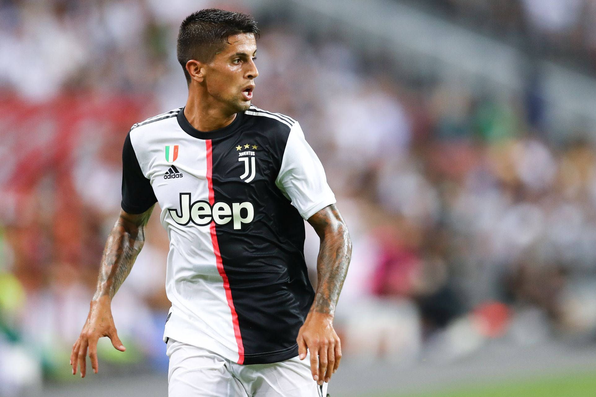 Joao Cancelo, black and white Juventus jersey, red stripe, Full HD Desktop Wallpaper