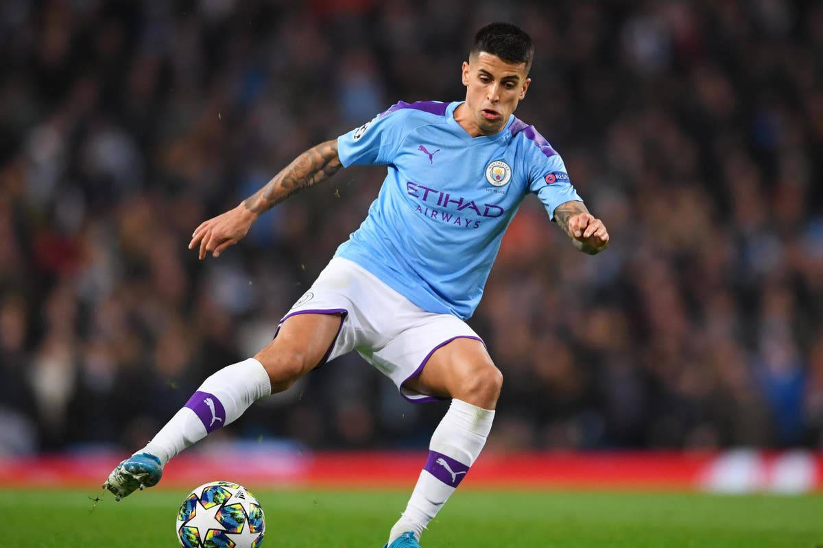 Joao Cancelo, light blue jersey, colorful ball, SD Desktop Wallpaper