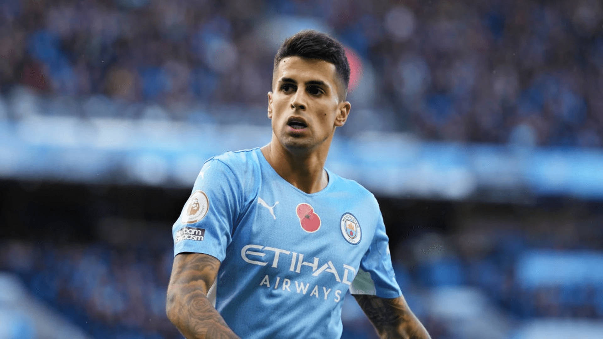 Joao Cancelo, light blue Manchester City jersey, tattoos on his arms, Full HD Desktop Wallpaper