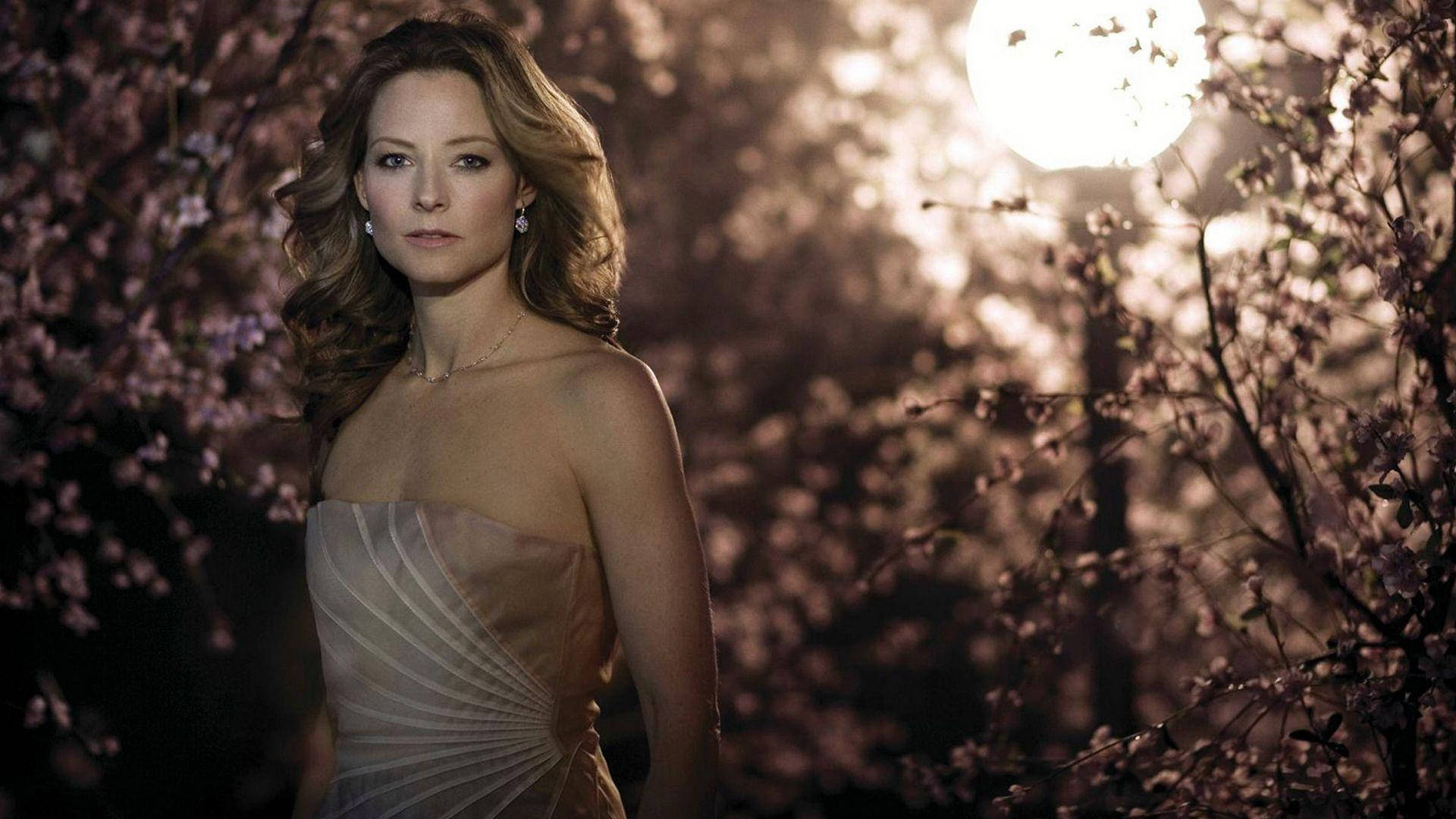Jodie Foster, strapless gown, cherry blossoms, Full HD Desktop Wallpaper