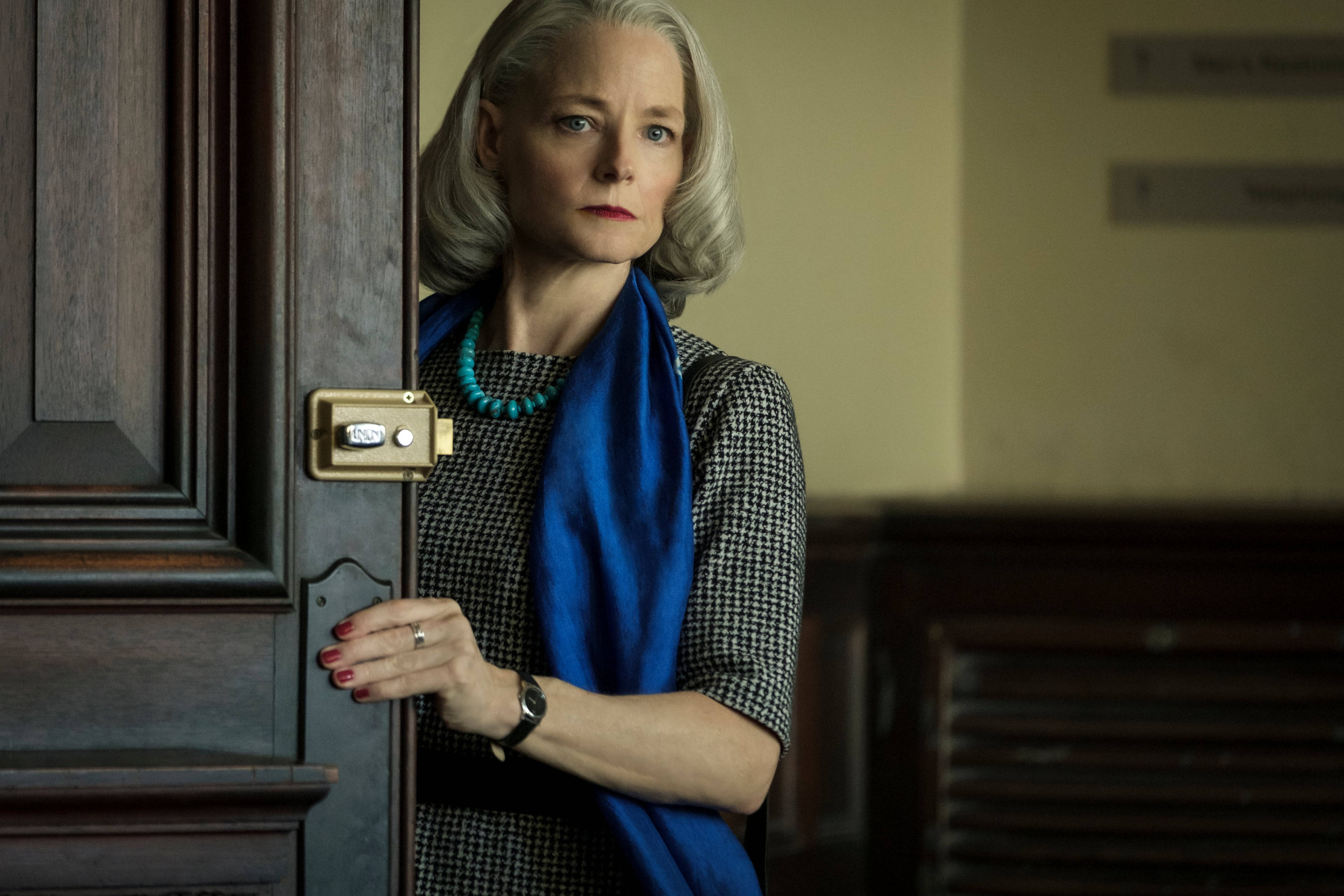 Jodie Foster, silver hair, heavy wooden door, 4K Desktop Wallpaper