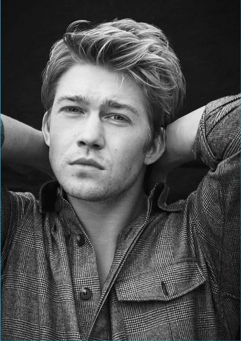 Joe Alwyn, black and white portrait, tousled hair, SD Phone Wallpaper