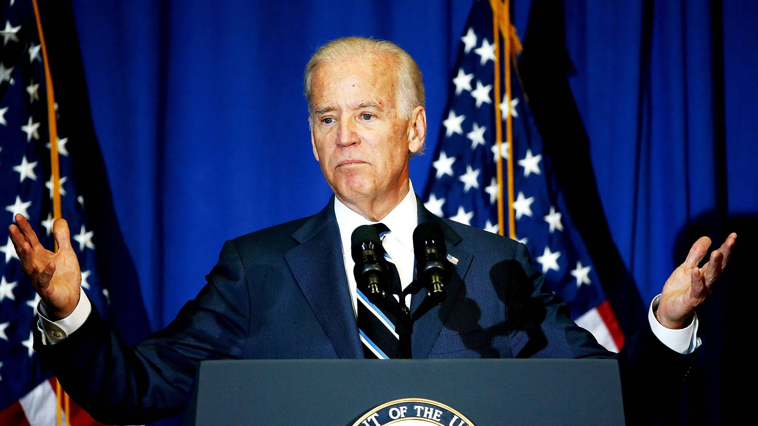 Joe Biden, American flags, blue curtains, 2K Desktop Wallpaper