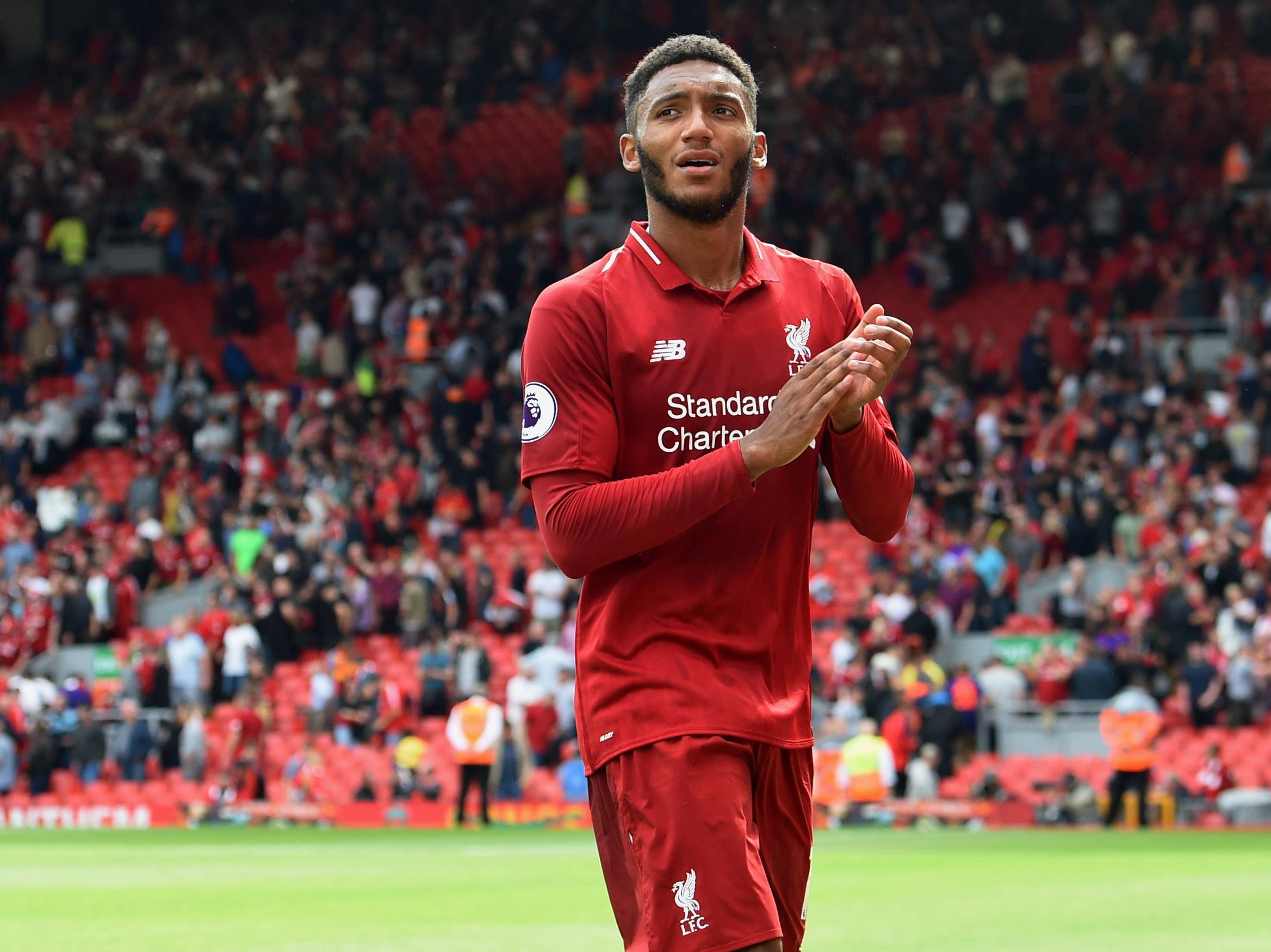 Joe Gomez, red Liverpool kit, green pitch, Full HD Desktop Wallpaper