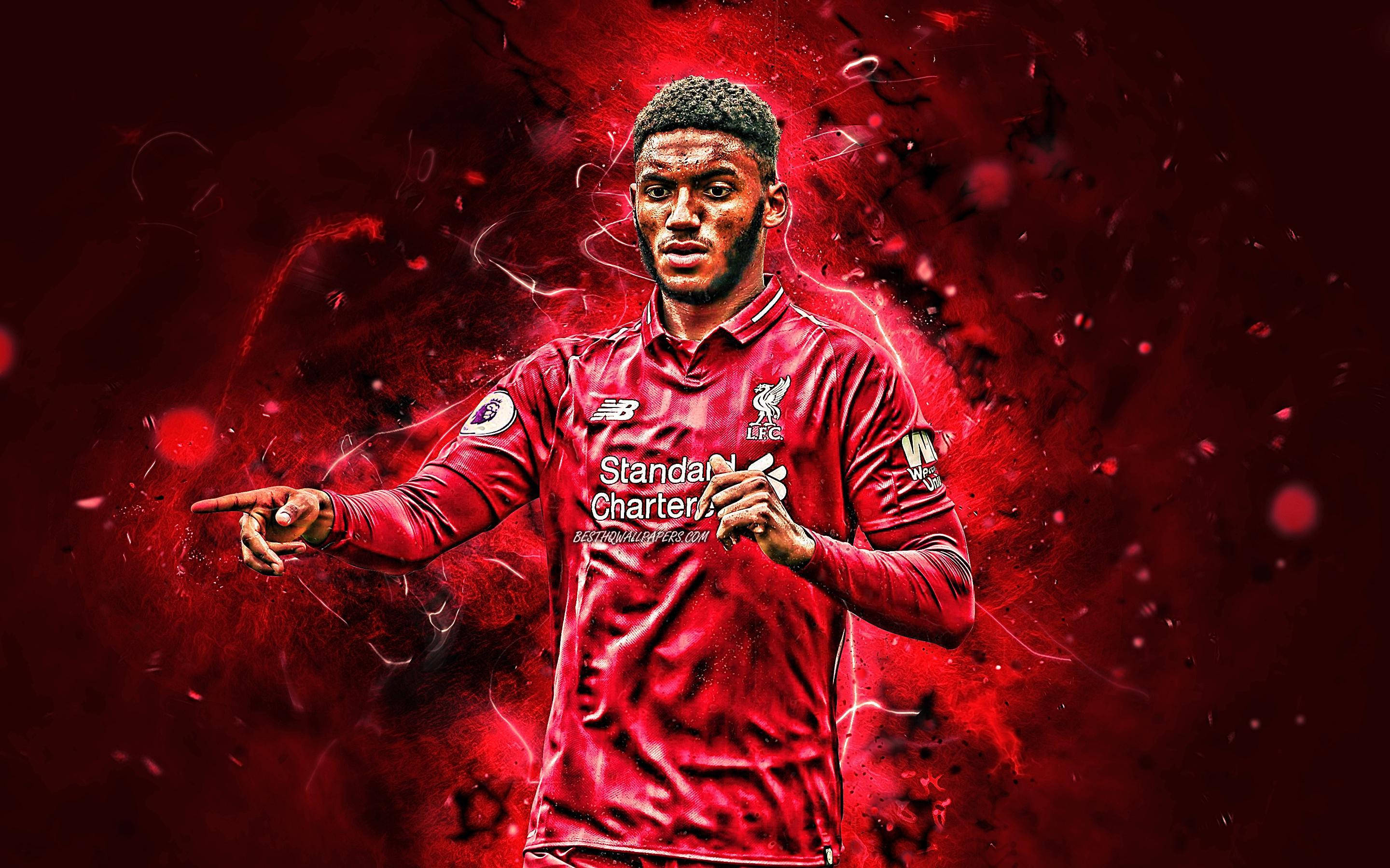 Joe Gomez, red Liverpool jersey, fiery red abstract background, 2K Desktop Wallpaper