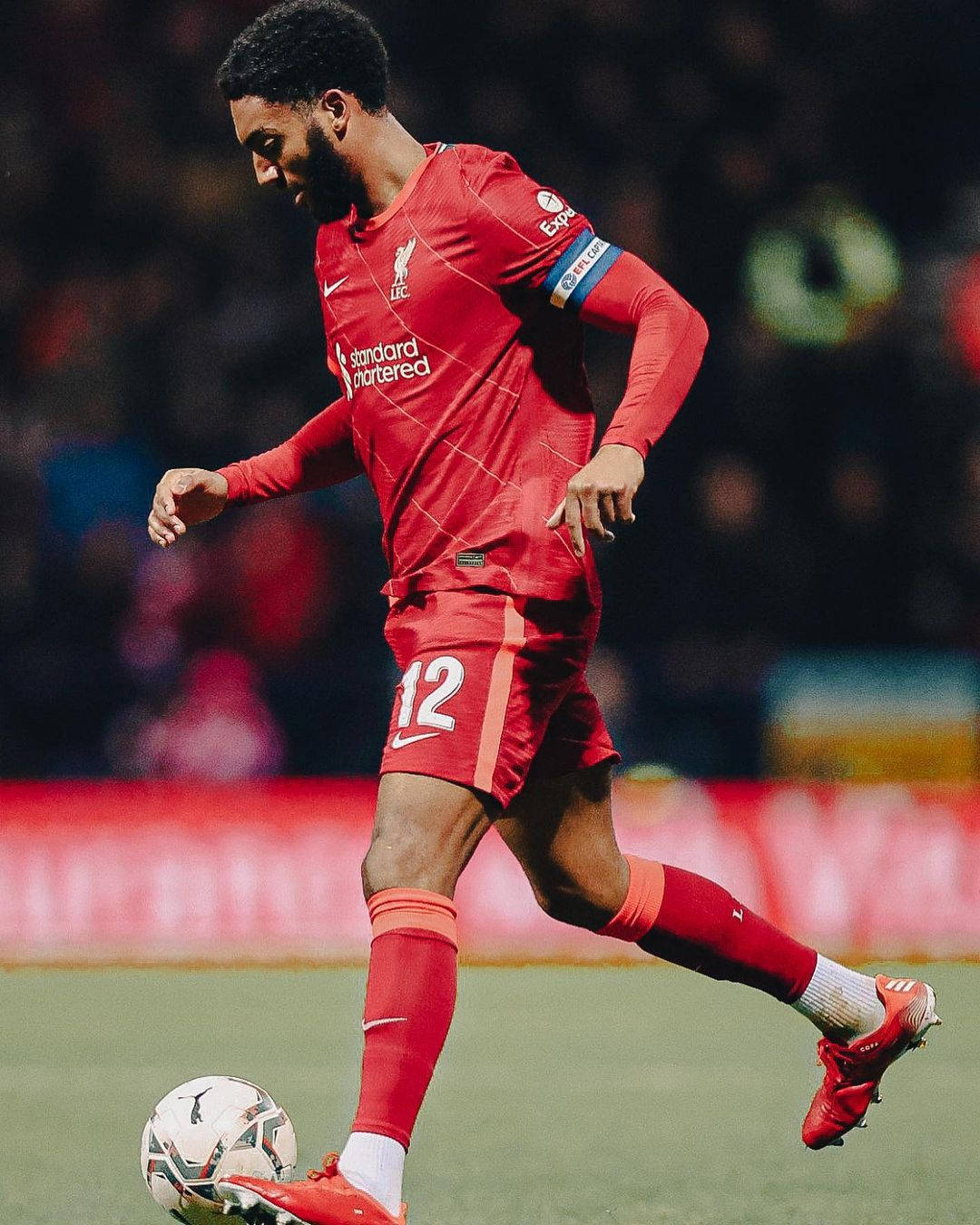 Joe Gomez, red Liverpool kit, stadium pitch, HD Phone Wallpaper
