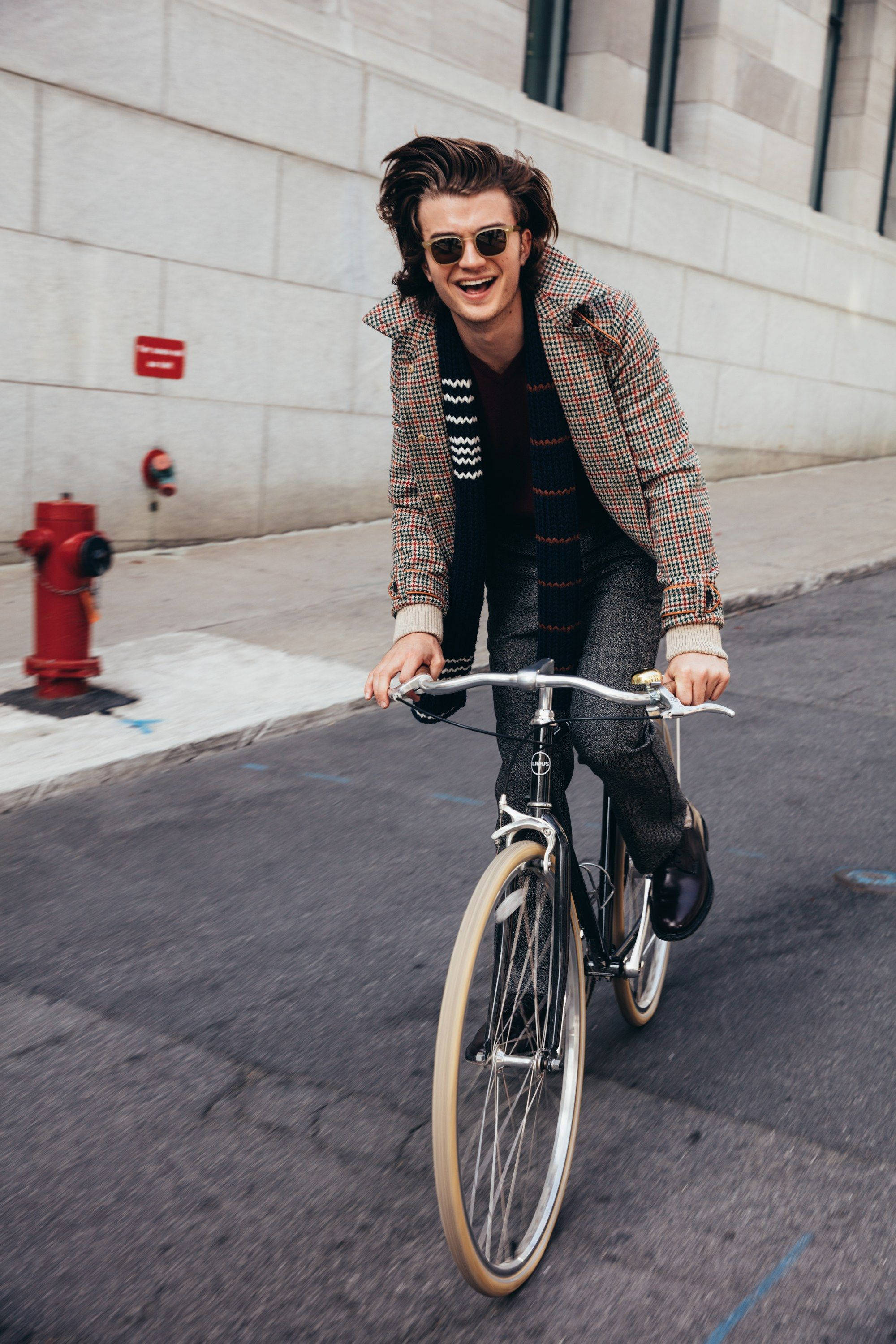 Joe Keery, vintage bicycle, city sidewalk, 2K Phone Wallpaper