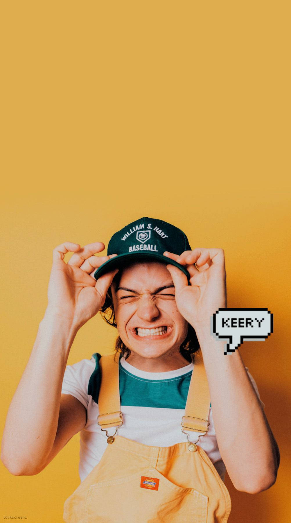 Joe Keery, yellow overalls, baseball cap, HD Phone Wallpaper