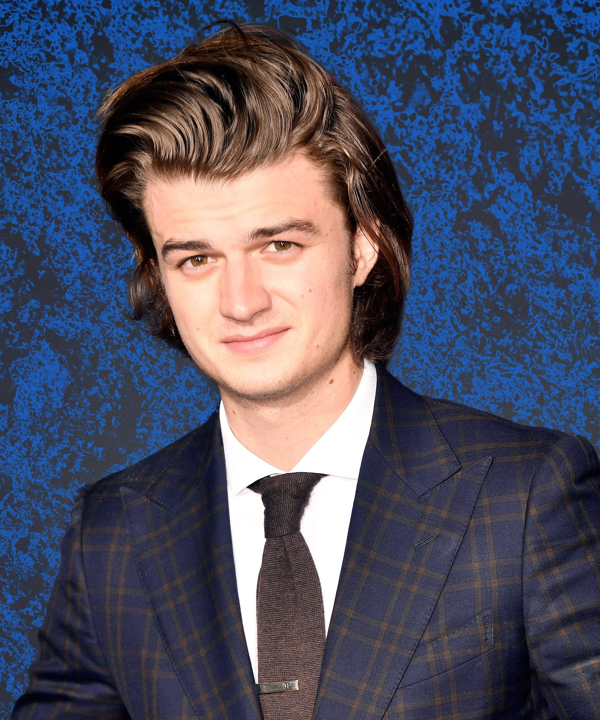 Joe Keery, blue plaid suit, brown tie, Full HD Phone Wallpaper