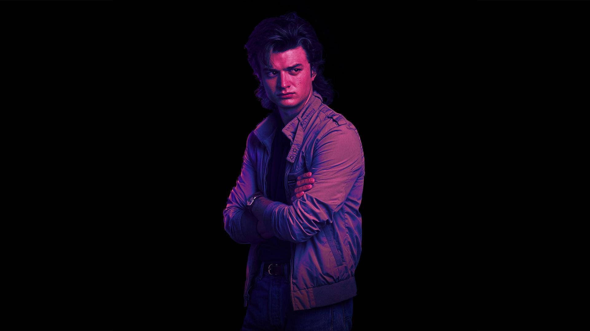 Joe Keery, neon light, purple, Full HD Desktop Wallpaper