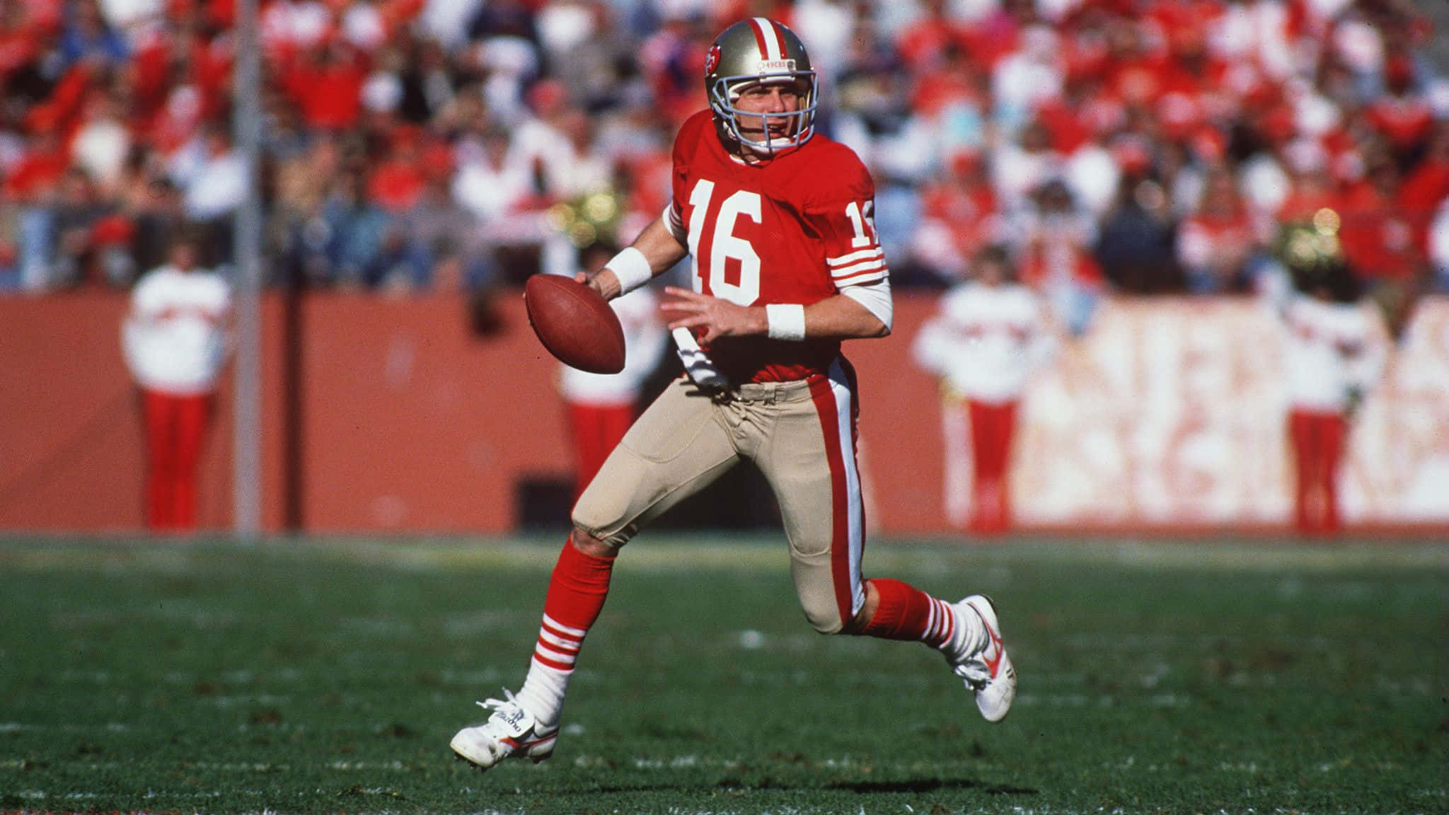 Joe Montana, red jersey number 16, sunlit field, Full HD Desktop Wallpaper