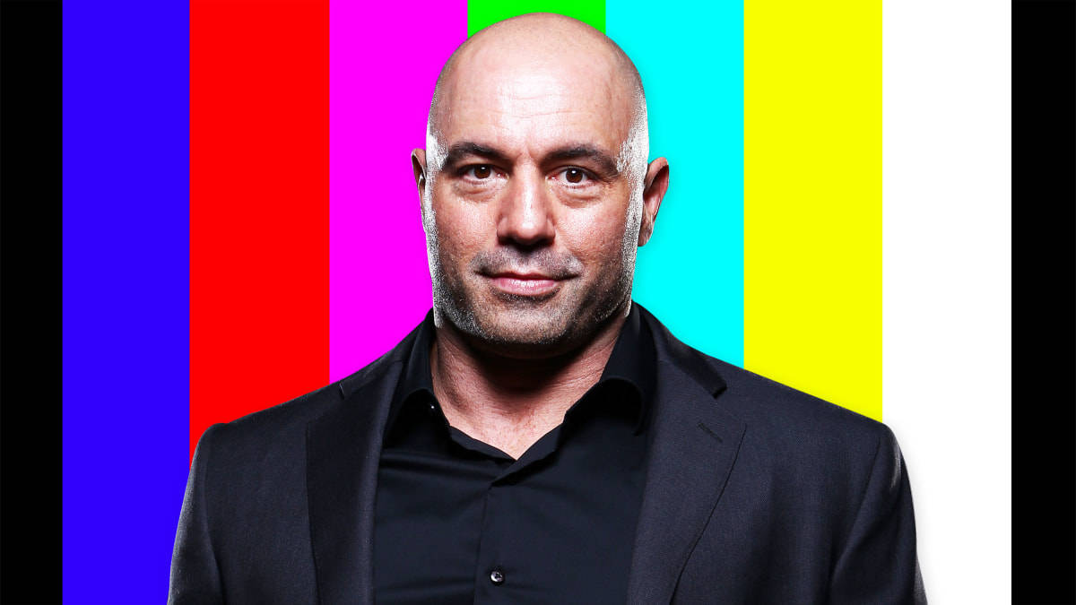 Joe Rogan, black suit, vibrant background, SD Desktop Wallpaper