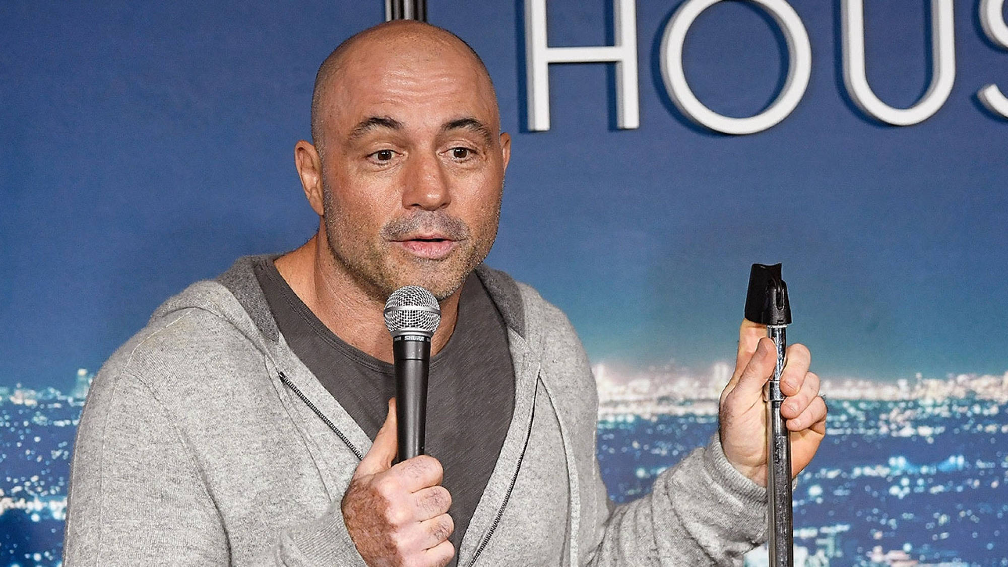 Joe Rogan, gray hoodie, flute, Full HD Desktop Wallpaper