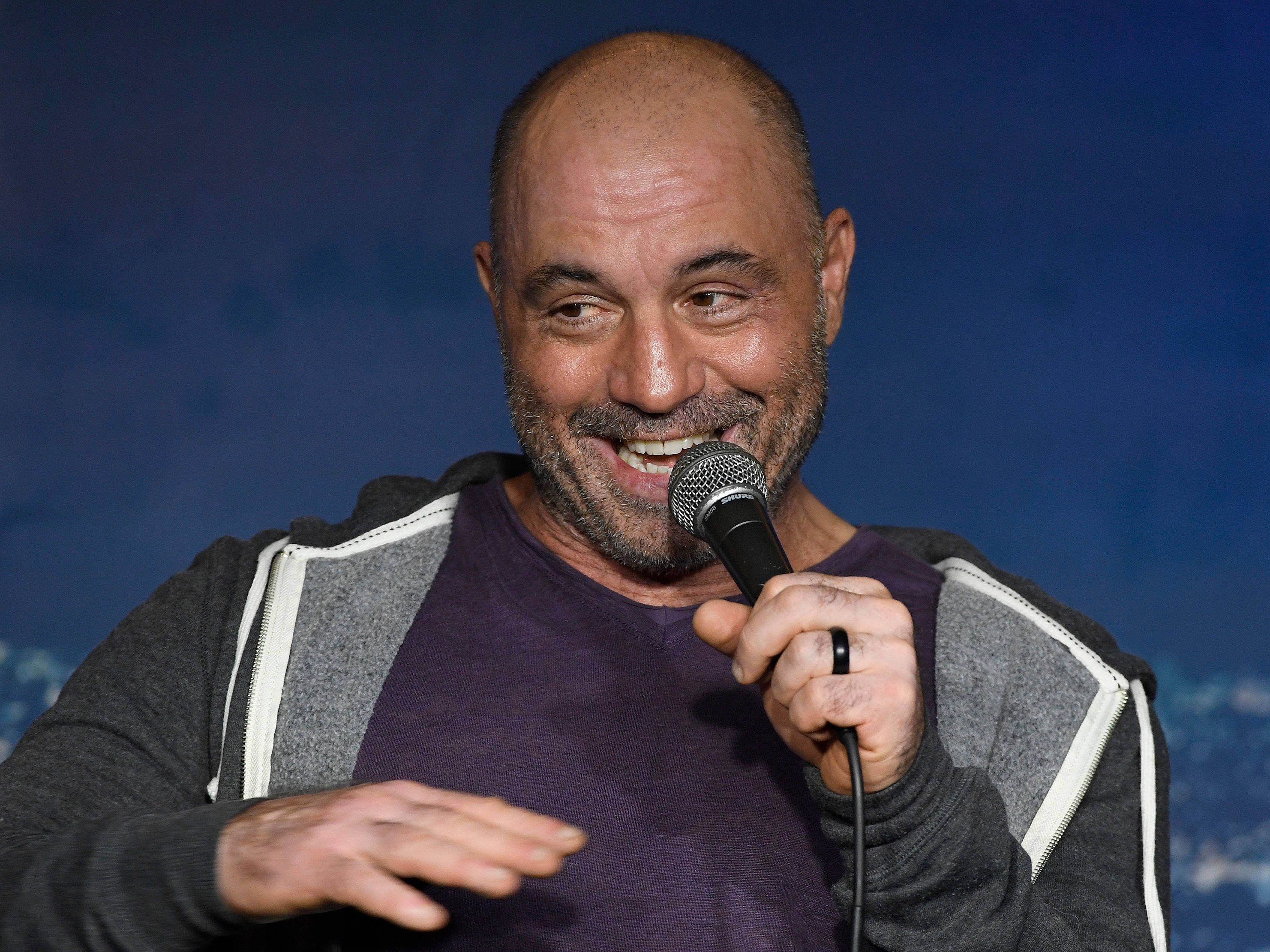 Joe Rogan, microphone, blue backdrop, 2K Desktop Wallpaper