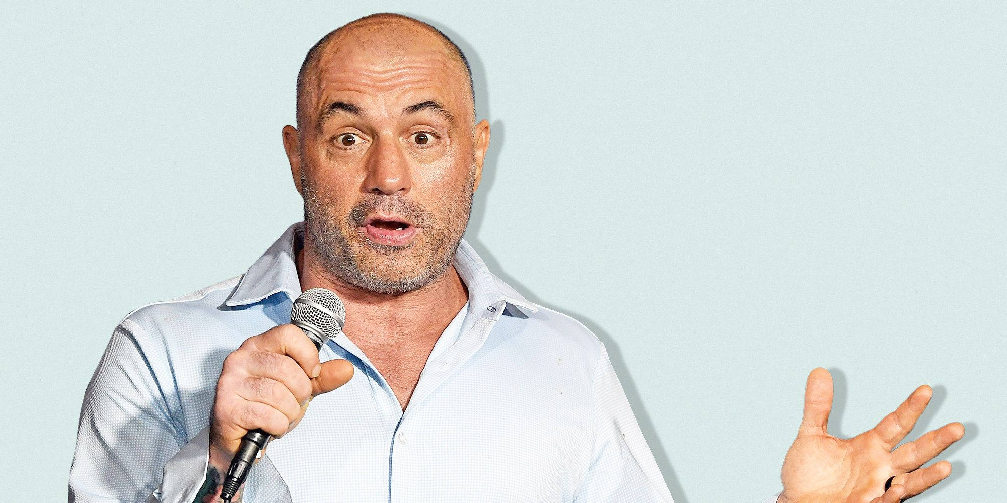 Joe Rogan, microphone, light blue background, Full HD Desktop Wallpaper