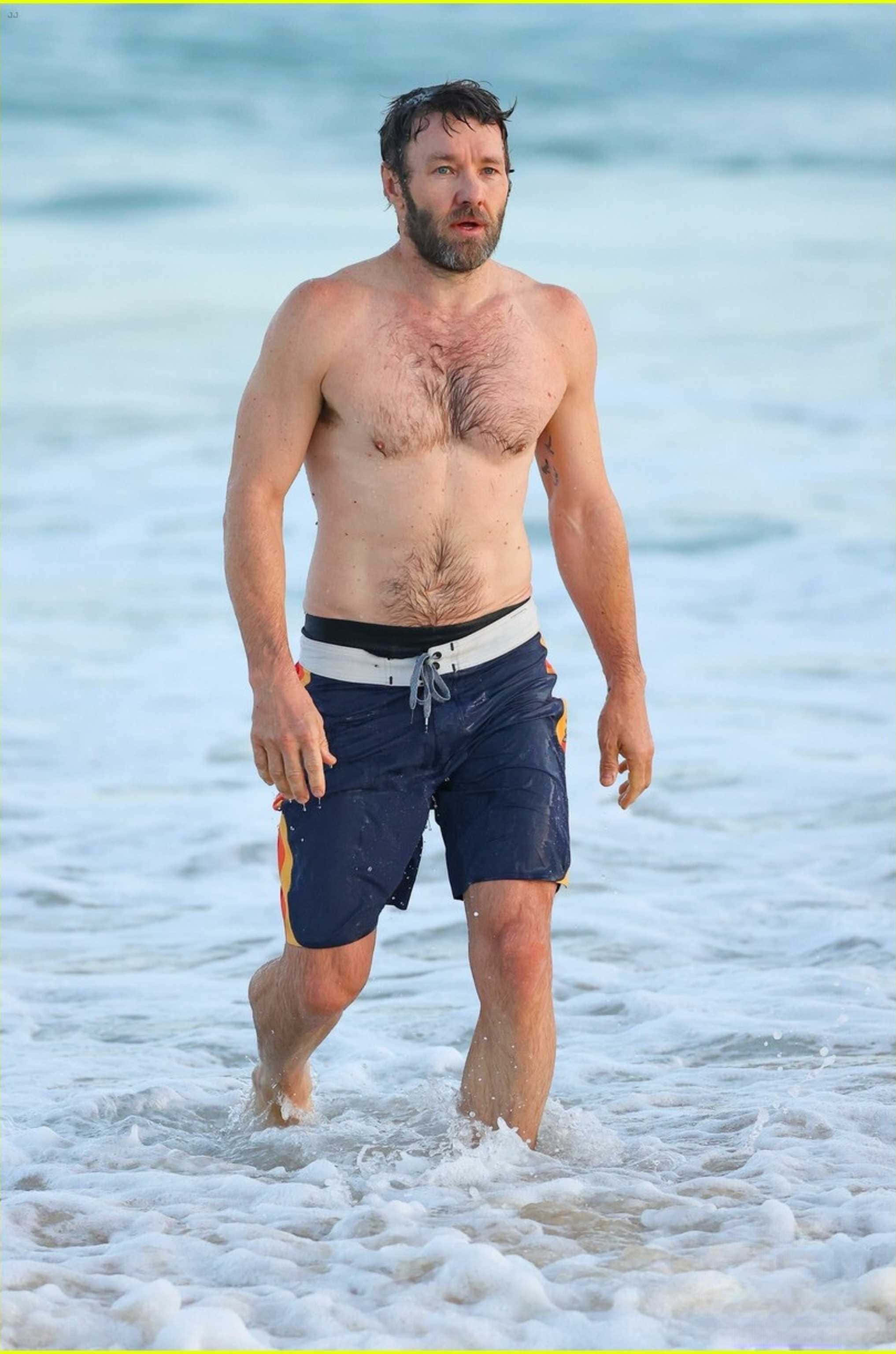 Joel Edgerton, beach day, dark swim trunks, 2K Phone Wallpaper