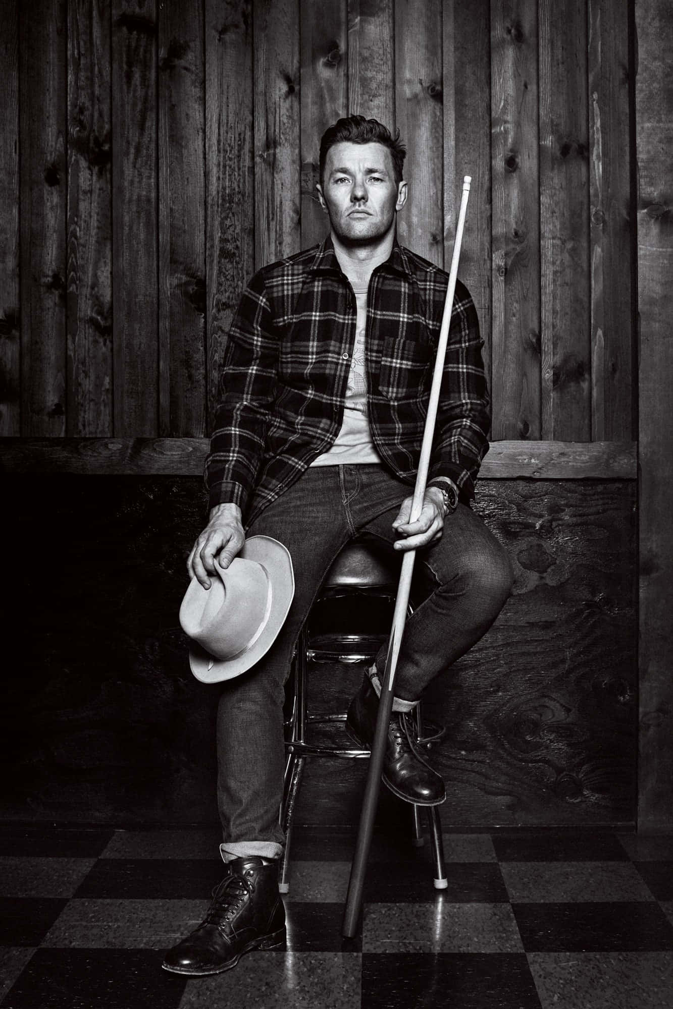 Joel Edgerton, monochrome, pool hall, Full HD Phone Wallpaper