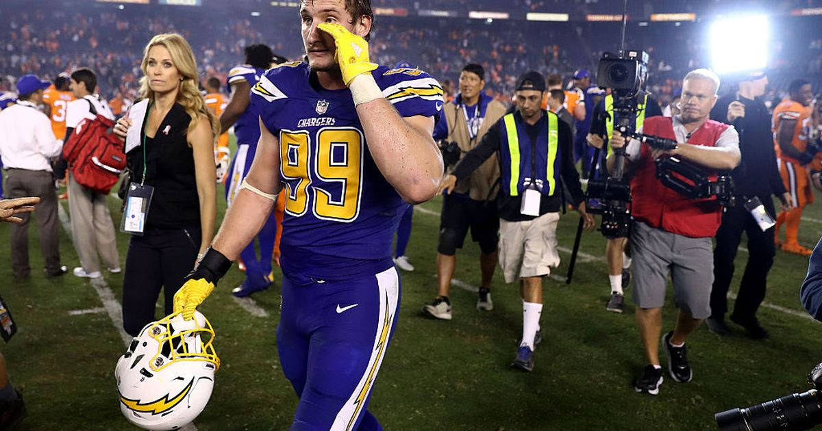 Joey Bosa, purple Chargers uniform, yellow glove, SD Desktop Wallpaper