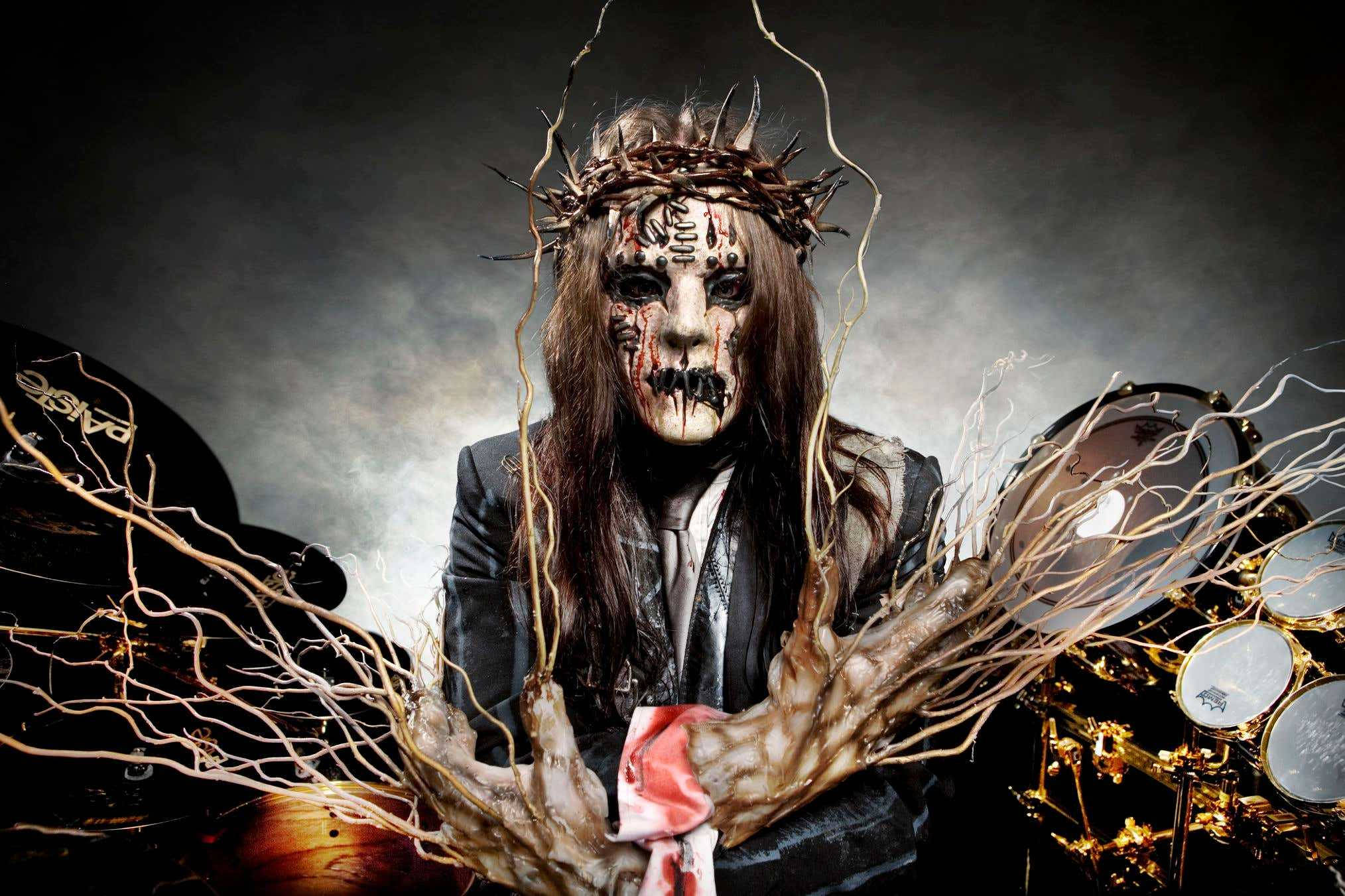 Joey Jordison, drum set, grotesque face, Full HD Desktop Wallpaper