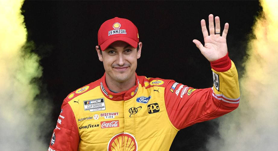 Joey Logano, red and yellow racing gear, yellow smoke, SD Desktop Wallpaper