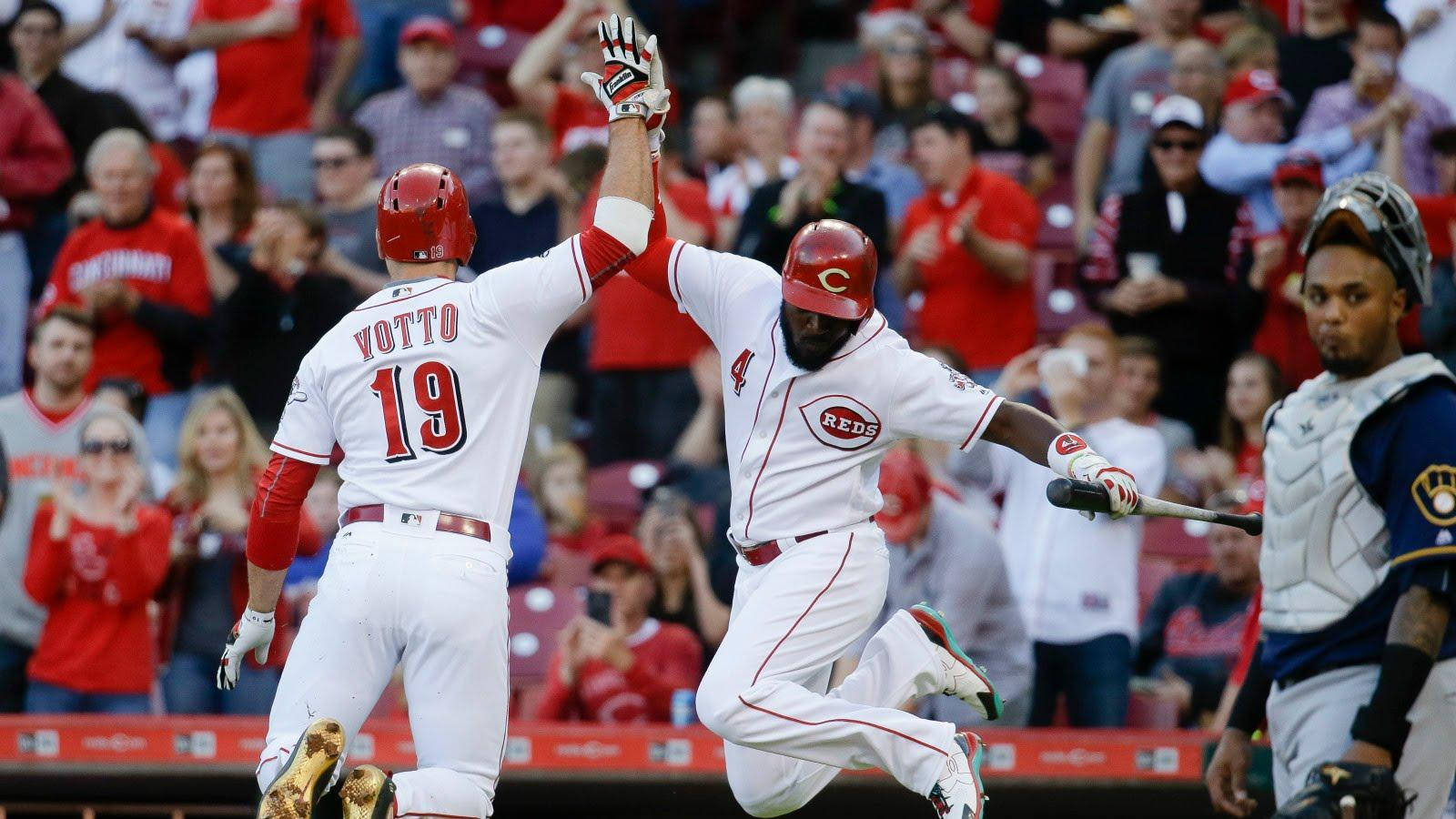 Joey Votto, white uniforms, high five, HD Desktop Wallpaper