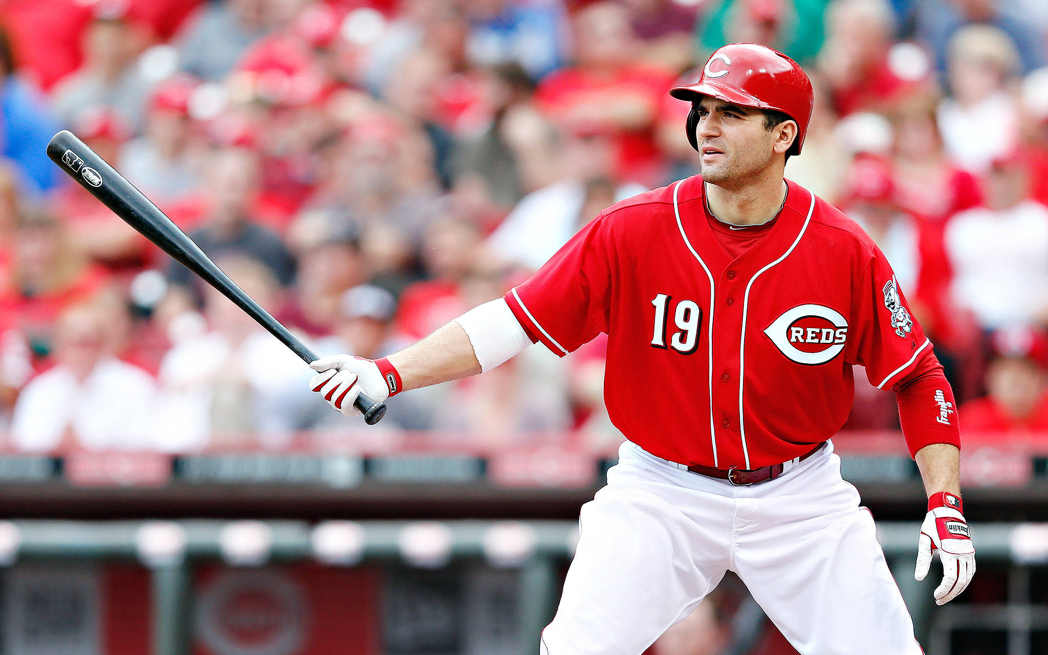 Joey Votto, black baseball bat, red Cincinnati Reds uniform, Full HD Desktop Wallpaper
