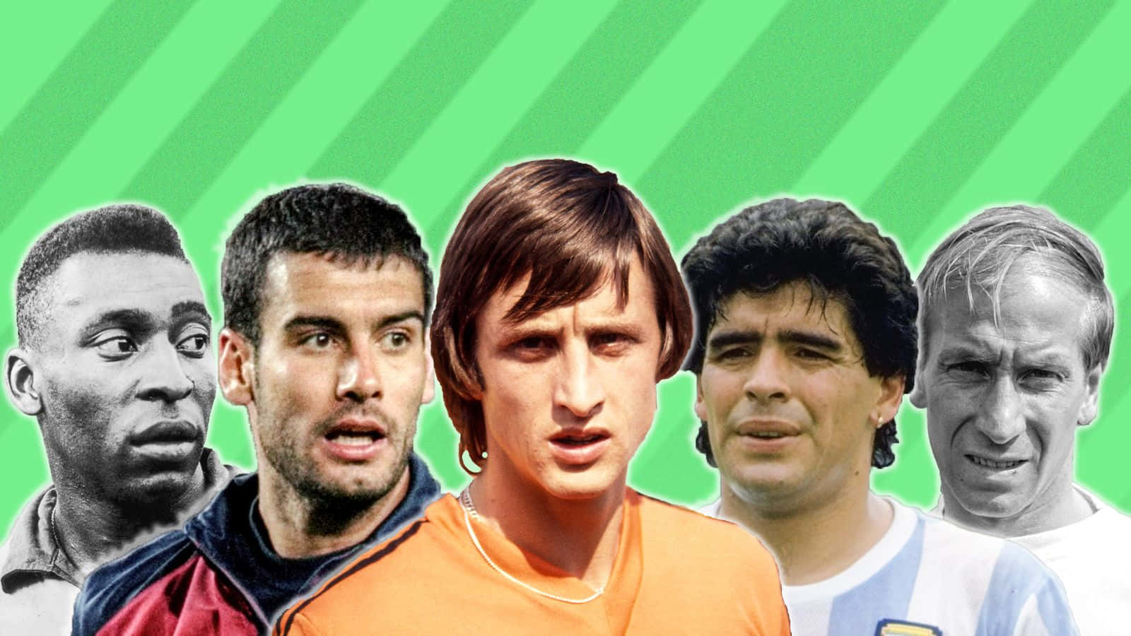Johan Cruyff, black and white portraits, vibrant green diagonal striped background, HD Desktop Wallpaper